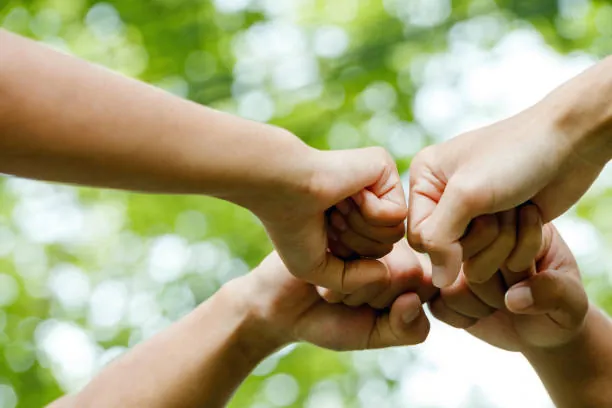 Fist bump in front of green foliage